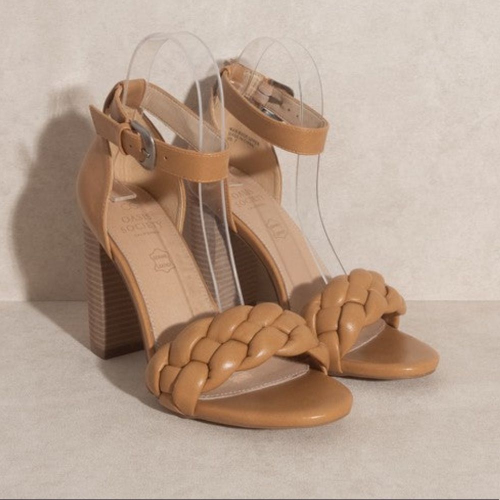 Tan taupe braided stacked heel sandal spring summer buckle